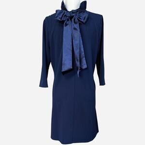 Cynthia Rowley Navy Ribbon Tie Neck Dress Minimalist Preppy Mod Shift Dress M/L